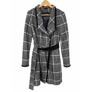 Guess Womens Black White Plaid Wool Blend Asymmetrical Zip Wrap Coat Large L/G